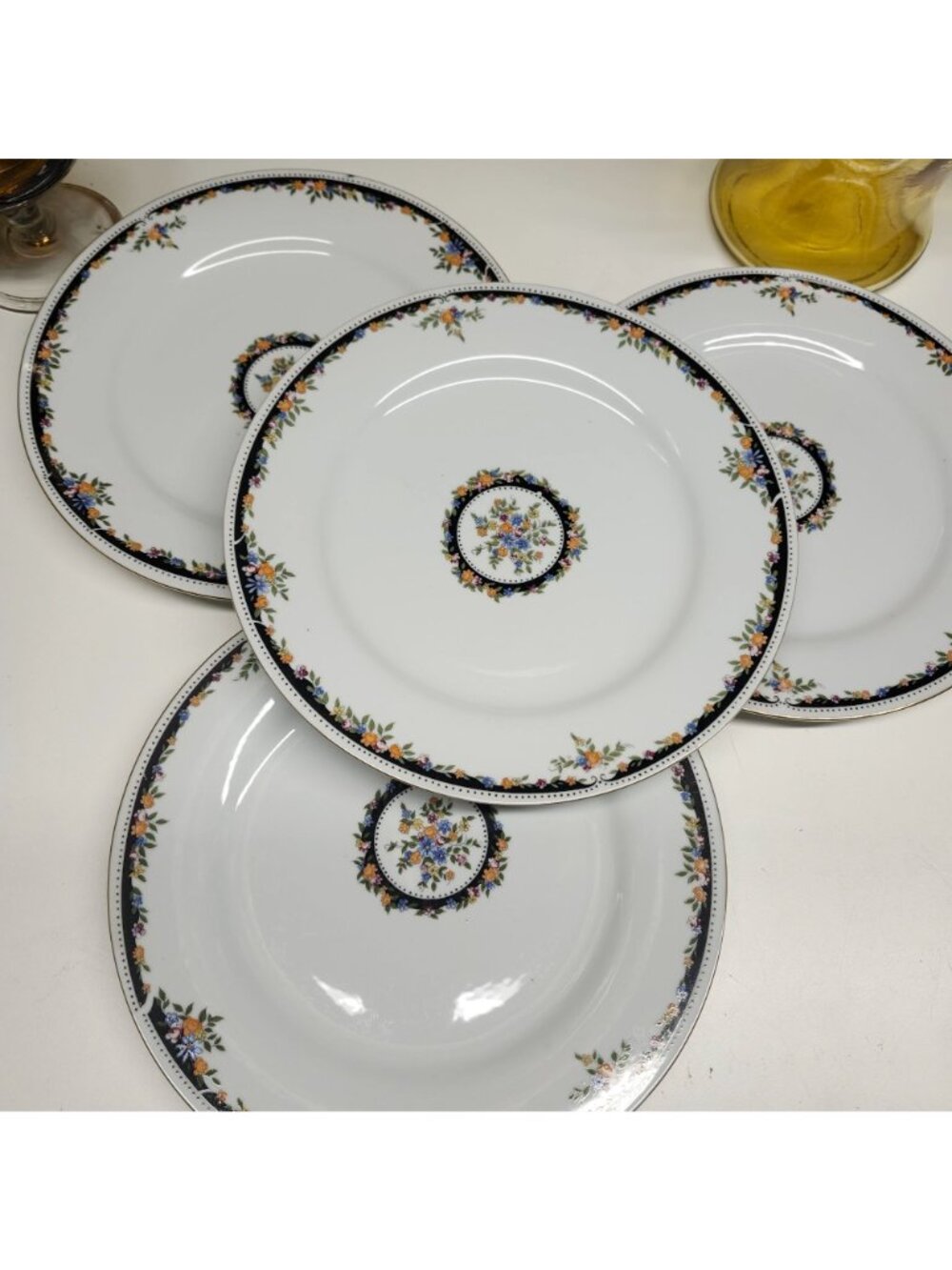 4- Fine China 10" Dinner Plates Black Floral Rim Porcelain